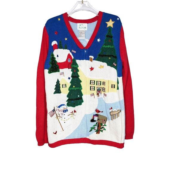 The Quacker Factory Vintage V-Neck Christmas Cardigan Snowman Angel Size M - Picture 1 of 8